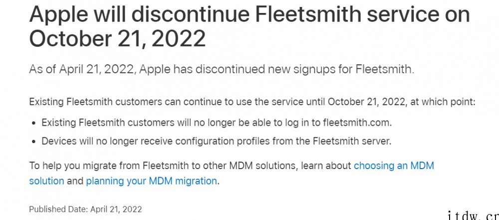 苹果将于 10 月 21 日停止 Fleetsmith 企业