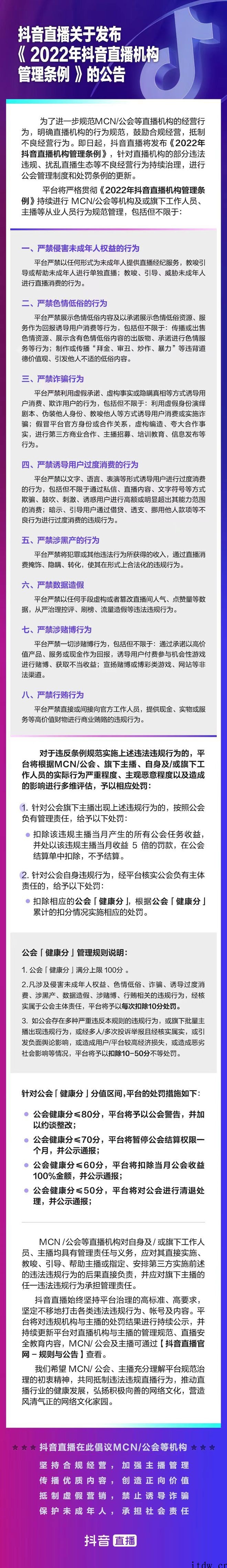 抖音直播推出直播机构“健康分”制度,满分 100 低于 50