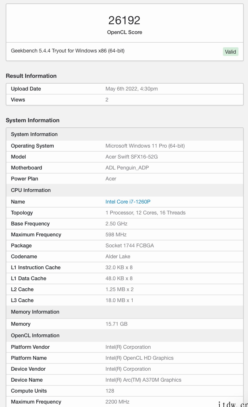 英特尔锐炫 A370M 独显现身 Geekbench,跑分不