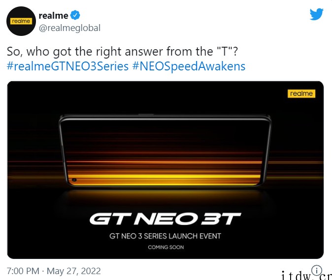 realme GT Neo 3T 海外官宣:搭载骁龙870