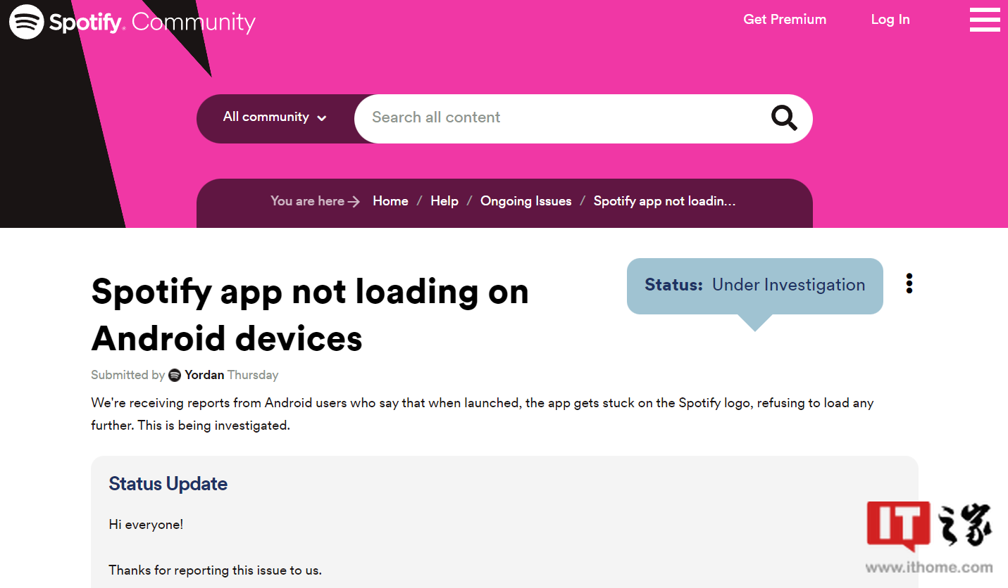 Spotify 安卓 App 出现卡启动屏的问题,官方称正在