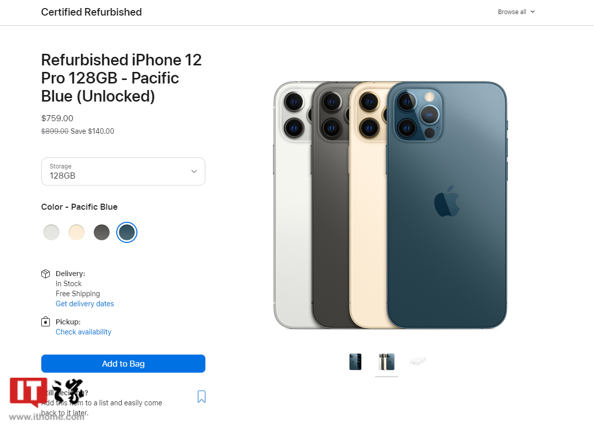 苹果美国商店补货 iPhone 12 Pro 翻新手机:约