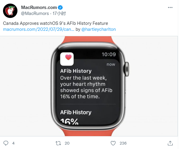 watchOS 9“房颤历史”获得加拿大批准