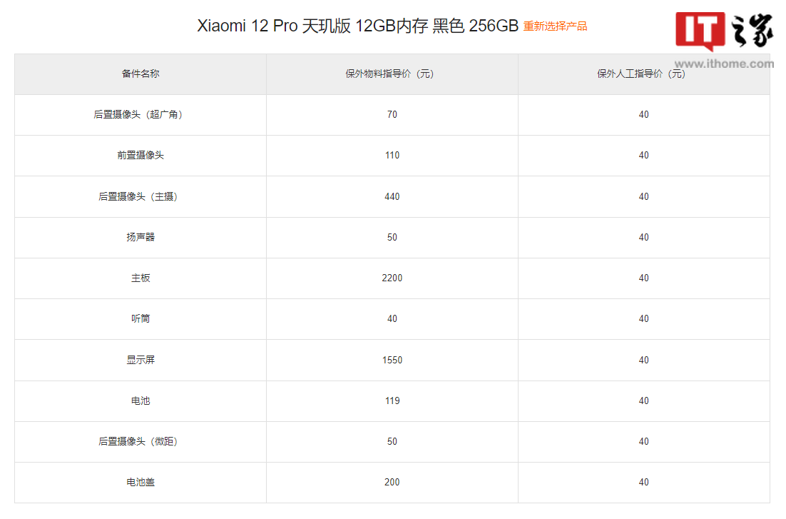 小米 12S Ultra 备件保外维修价格出炉:屏幕 180