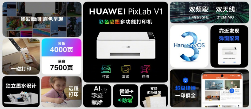 1499元,华为首款彩色喷墨打印机 PixLab V1 发布