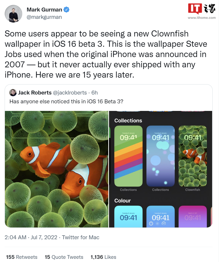 苹果iOS 16 Beta 3 上线小丑鱼壁纸,乔布斯发布初
