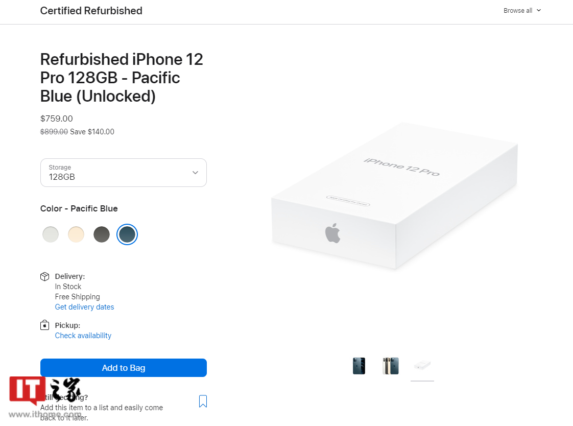 苹果美国商店补货 iPhone 12 Pro 翻新手机:约