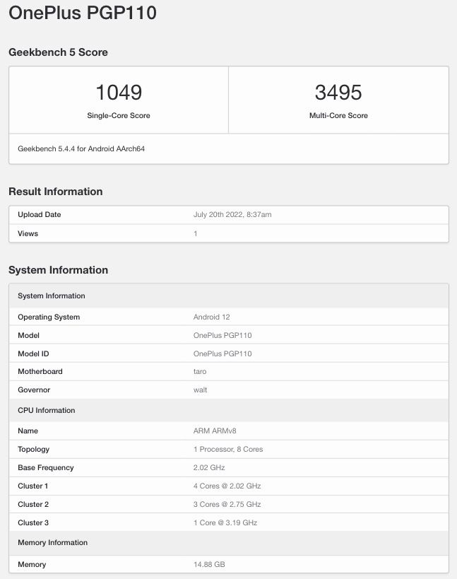 一加 10T 现身 GeekBench:高通骁龙 8 + 处