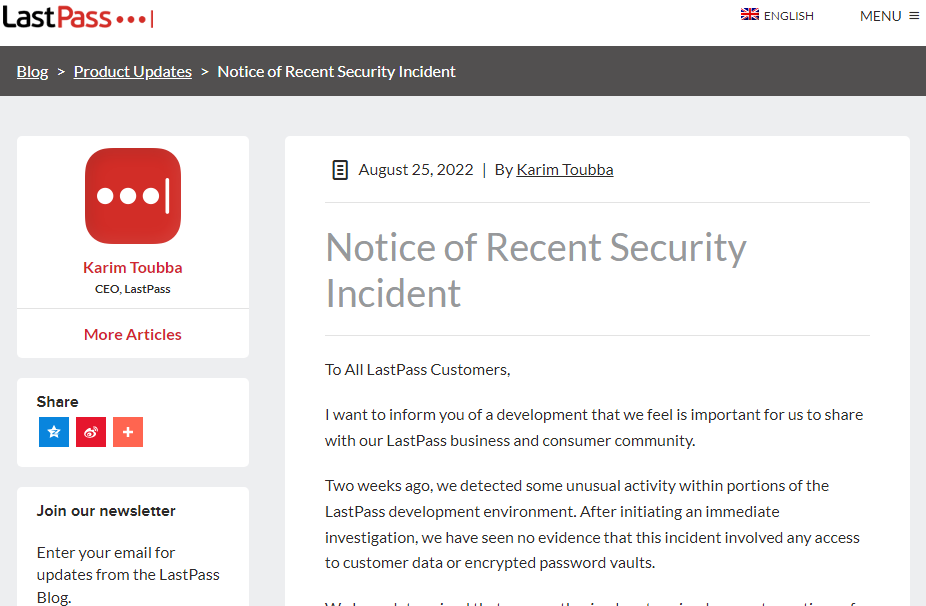 LastPass 承认被黑客窃取源码,但未泄露用户数据