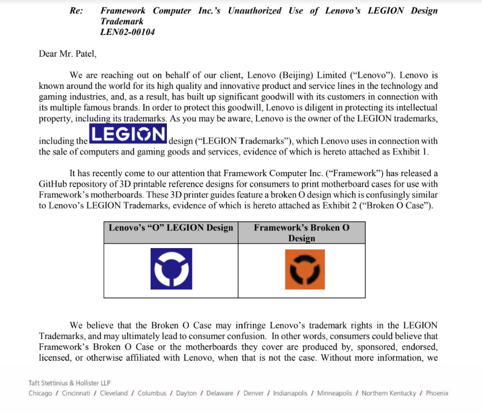 Framework 收到联想律师函:3D 打印外壳图案侵权“