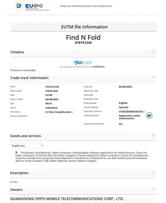欧洲商标局曝光 OPPO Find N Fold / Fli