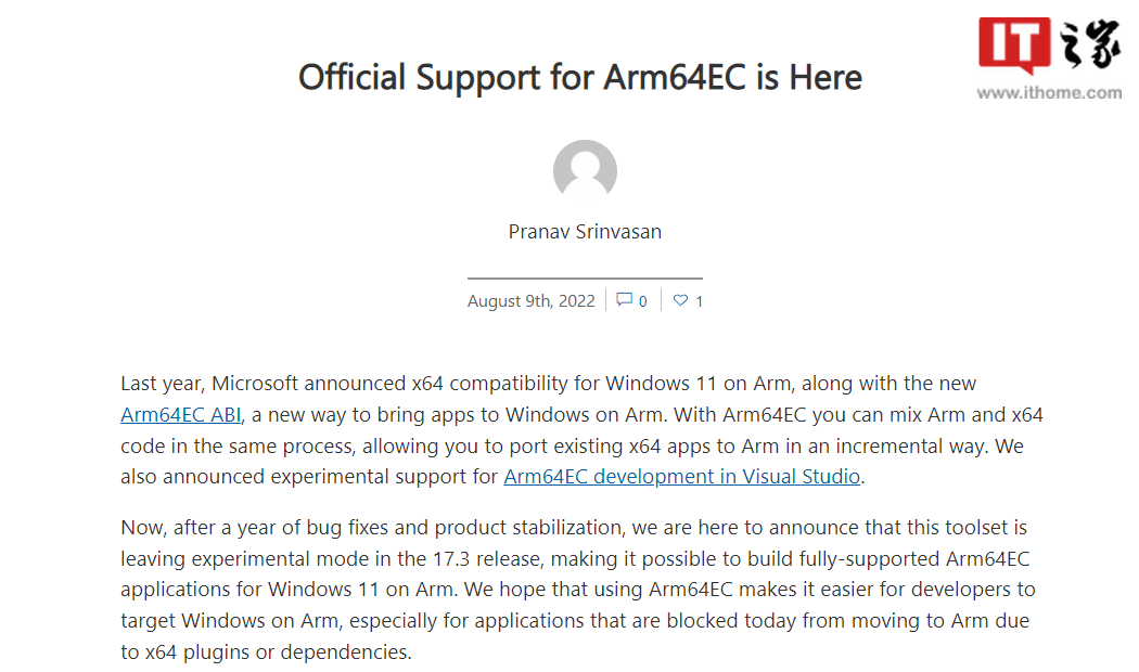 微软宣布 ARM64EC 现已完全支持微软 Win11 AR