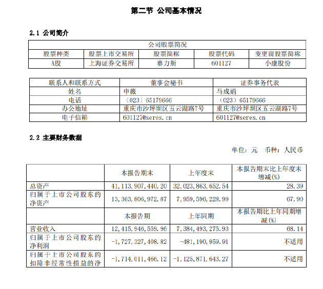 赛力斯:上半年净利亏损17.27亿元,上年同期亏损4