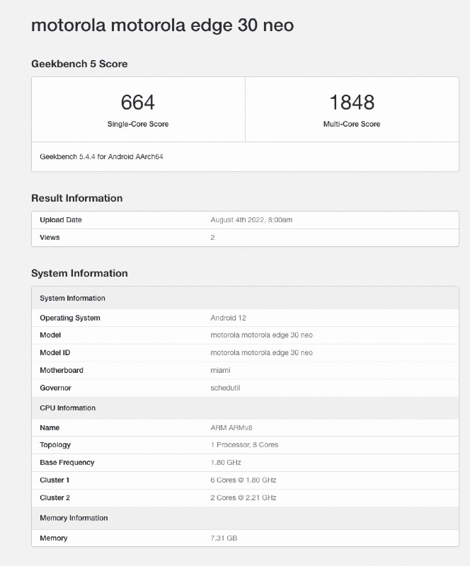 摩托罗拉 Edge 30 Neo 现身 GeekBench: