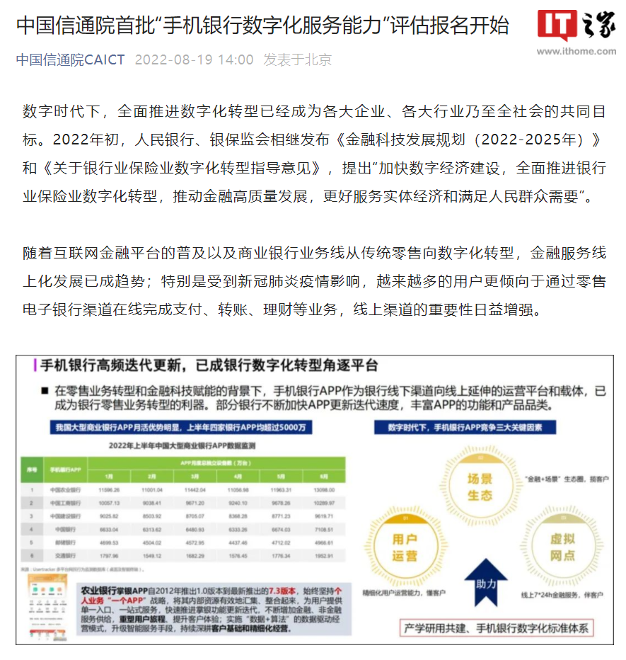 中国信通院牵头,2023 年发布《手机银行数字化服务能力要求