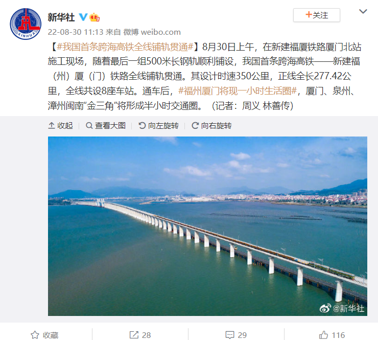 我国首条跨海高铁全线铺轨贯通:设计时速 350 公里,福州、