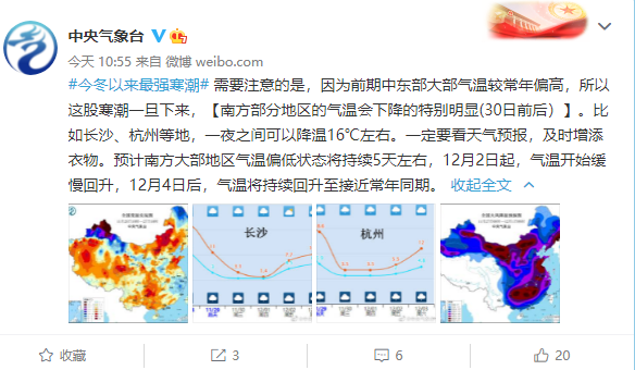 此次寒潮今冬最强 局地气温暴跌20℃：南方也要冻成狗了