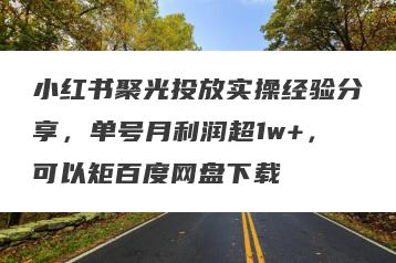 小红书聚光投放实操经验分享，单号月利润超1w+，可以矩百度网盘下载