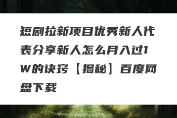 短剧拉新项目优秀新人代表分享新人怎么月入过1W的诀窍【揭秘】百度网盘下载