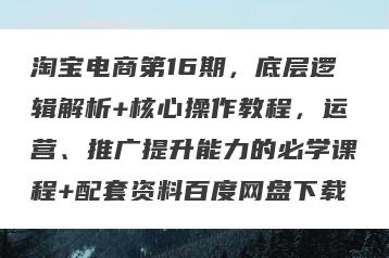 淘宝电商第16期，底层逻辑解析+核心操作教程，运营、推广提升能力的必学课程+配套资料百度网盘下载