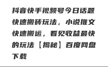 抖音快手视频号今日话题快速搬砖玩法，小说推文快速搬运，看见收益最快的玩法【揭秘】百度网盘下载