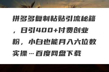 拼多多复制粘贴引流秘籍，日引400+付费创业粉，小白也能月入六位数实操…百度网盘下载