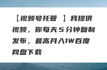 【视频号托管 】我提供视频，你每天５分钟复制发布，最高月入1W百度网盘下载