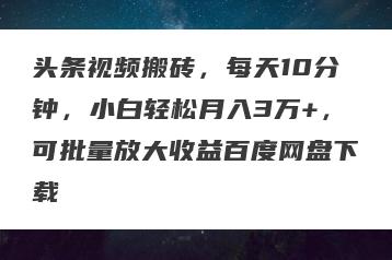 头条视频搬砖，每天10分钟，小白轻松月入3万+，可批量放大收益百度网盘下载