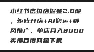 小红书虚拟店掘金2.0课，矩阵开店+AI搬运+乘风推广，单店月入8000实操百度网盘下载