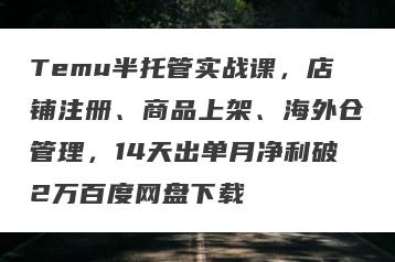 Temu半托管实战课，店铺注册、商品上架、海外仓管理，14天出单月净利破2万百度网盘下载