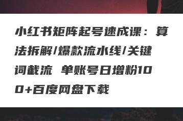 小红书矩阵起号速成课：算法拆解/爆款流水线/关键词截流 单账号日增粉100+百度网盘下载
