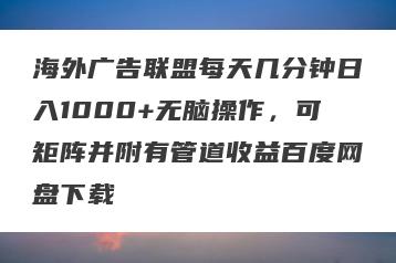 海外广告联盟每天几分钟日入1000+无脑操作，可矩阵并附有管道收益百度网盘下载