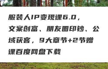 服装人IP变现课6.0，文案创富、朋友圈印钞、公域获客，9大章节+2节赠课百度网盘下载