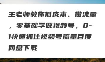 王老师教你低成本、做流量，零基础学做视频号，0-1快速抓住视频号流量百度网盘下载