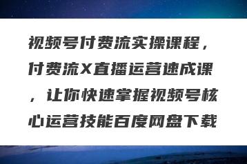 视频号付费流实操课程，付费流X直播运营速成课，让你快速掌握视频号核心运营技能百度网盘下载