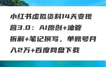 小红书虚拟资料14天变现营3.0：AI原创+油管拆解+笔记撰写，单账号月入2万+百度网盘下载