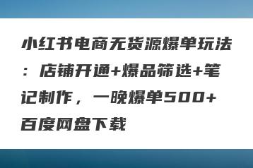 小红书电商无货源爆单玩法：店铺开通+爆品筛选+笔记制作，一晚爆单500+百度网盘下载