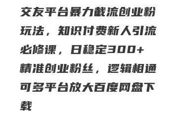 交友平台暴力截流创业粉玩法，知识付费新人引流必修课，日稳定300+精准创业粉丝，逻辑相通可多平台放大百度网盘下载