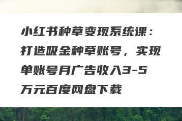 小红书种草变现系统课：打造吸金种草账号，实现单账号月广告收入3-5万元百度网盘下载