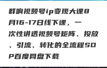 群响视频号ip变现大课8月16-17日线下课，一次性讲透视频号矩阵、投放、引流、转化的全流程SOP百度网盘下载