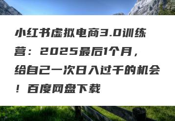 小红书虚拟电商3.0训练营：2025最后1个月，给自己一次日入过千的机会！百度网盘下载