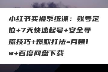 小红书实操系统课：账号定位+7天快速起号+安全导流技巧+爆款打法=月赚1w+百度网盘下载