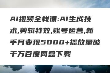 AI视频全栈课:AI生成技术,剪辑特效,账号运营,新手月变现5000+播放量破千万百度网盘下载
