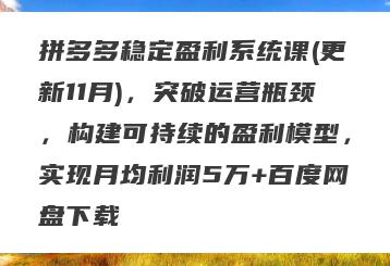 拼多多稳定盈利系统课(更新11月)，突破运营瓶颈，构建可持续的盈利模型，实现月均利润5万+百度网盘下载