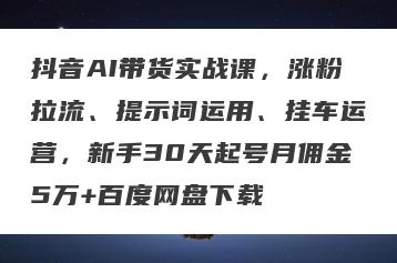 抖音AI带货实战课，涨粉拉流、提示词运用、挂车运营，新手30天起号月佣金5万+百度网盘下载