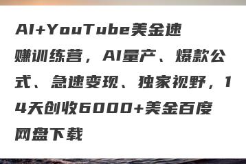 AI+YouTube美金速赚训练营，AI量产、爆款公式、急速变现、独家视野，14天创收6000+美金百度网盘下载