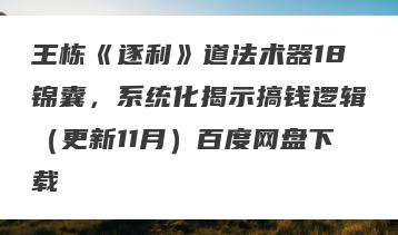王栋《逐利》道法术器18锦囊，系统化揭示搞钱逻辑（更新11月）百度网盘下载