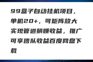 99盒子自动挂机项目，单机20+，可矩阵放大实现管道躺赚收益，推广可享团队收益百度网盘下载
