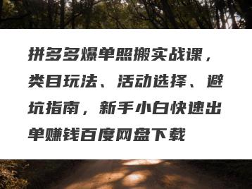 拼多多爆单照搬实战课，类目玩法、活动选择、避坑指南，新手小白快速出单赚钱百度网盘下载