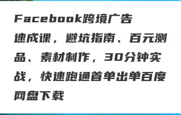Facebook跨境广告速成课，避坑指南、百元测品、素材制作，30分钟实战，快速跑通首单出单百度网盘下载